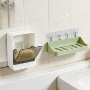 2-pack bar soap holder with drainage, self-draining, wall-mounted soap box tray for bathroom, bathtub, kitchen sink, no drilling, includes 4 adhesives.