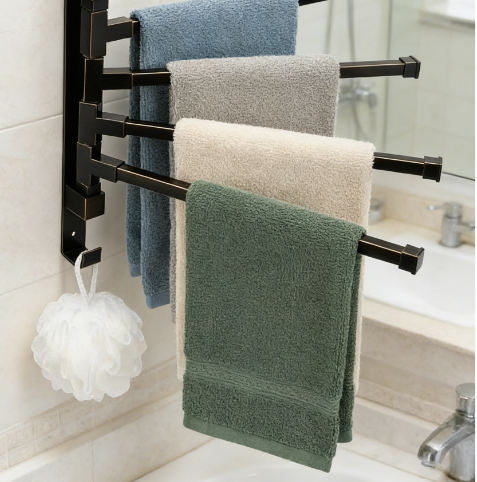 4-arm oil-rubbed bronze swing-out towel rack, wall-mounted bathroom towel bar with hook.