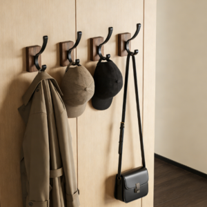 4-piece black walnut wood wall hook set, adhesive and wall mounting, decorative entrance hooks, suitable for hanging coats, clothes, hats, bags, wallets and towels.