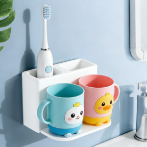 Toothbrush holders for bathrooms, wall-mounted, electric shower toothbrush holder, white plastic, set for kids with 2 cups.