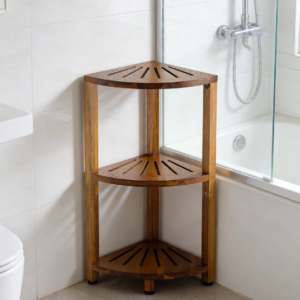 3-tier corner shower caddy stand, wood shower organizer with anti-slip feet, waterproof and durable, space-saving storage for kitchen or living room.