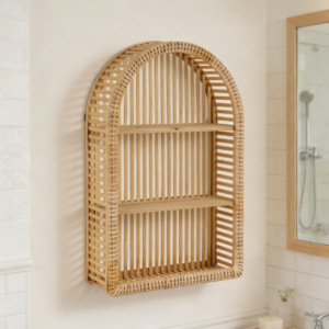 This rattan wall shelf is a three-tiered arched hanging shelving unit suitable for bathroom and living room wall decoration. It measures 15.75 inches x 23.62 inches.