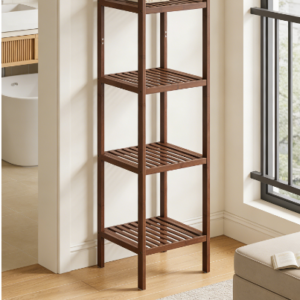 Bamboo storage shelf, 5-tier shelving unit, multifunctional for entryway, bathroom, living room, balcony, kitchen, dimensions 13 x 13 x 57.5 inches, brown.