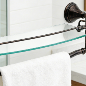 18-inch glass shelf with towel bar in  bronze.