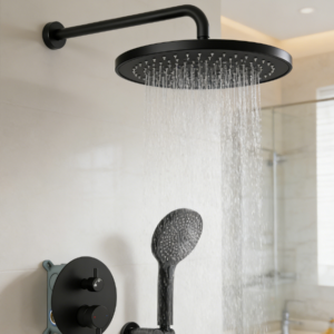 Shower system with 10-inch round rain shower head and handheld wall-mounted, high-pressure rainfall heads, 2-in-1 spray showerhead combo, matte black.