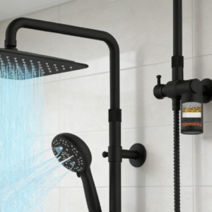 Upgraded dual shower heads combo: 10-inch filtered shower head with handheld, 3-way rain shower head with filters, 7-setting handheld spray, high-pressure, height adjustable, black.