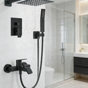 Matte black shower system with 8-inch rain shower head and handheld spray, complete wall-mounted luxury faucet set.